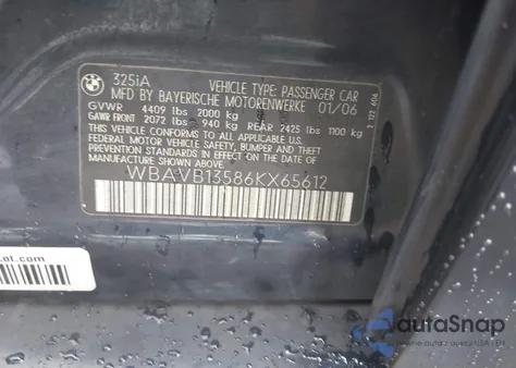 2006 BMW 325I I z USA, uszkodzony, nr VIN WBAVB13586KX65612